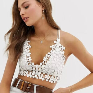 NEW! White Flower Crochet Cropped Lace-Up Back Bralette